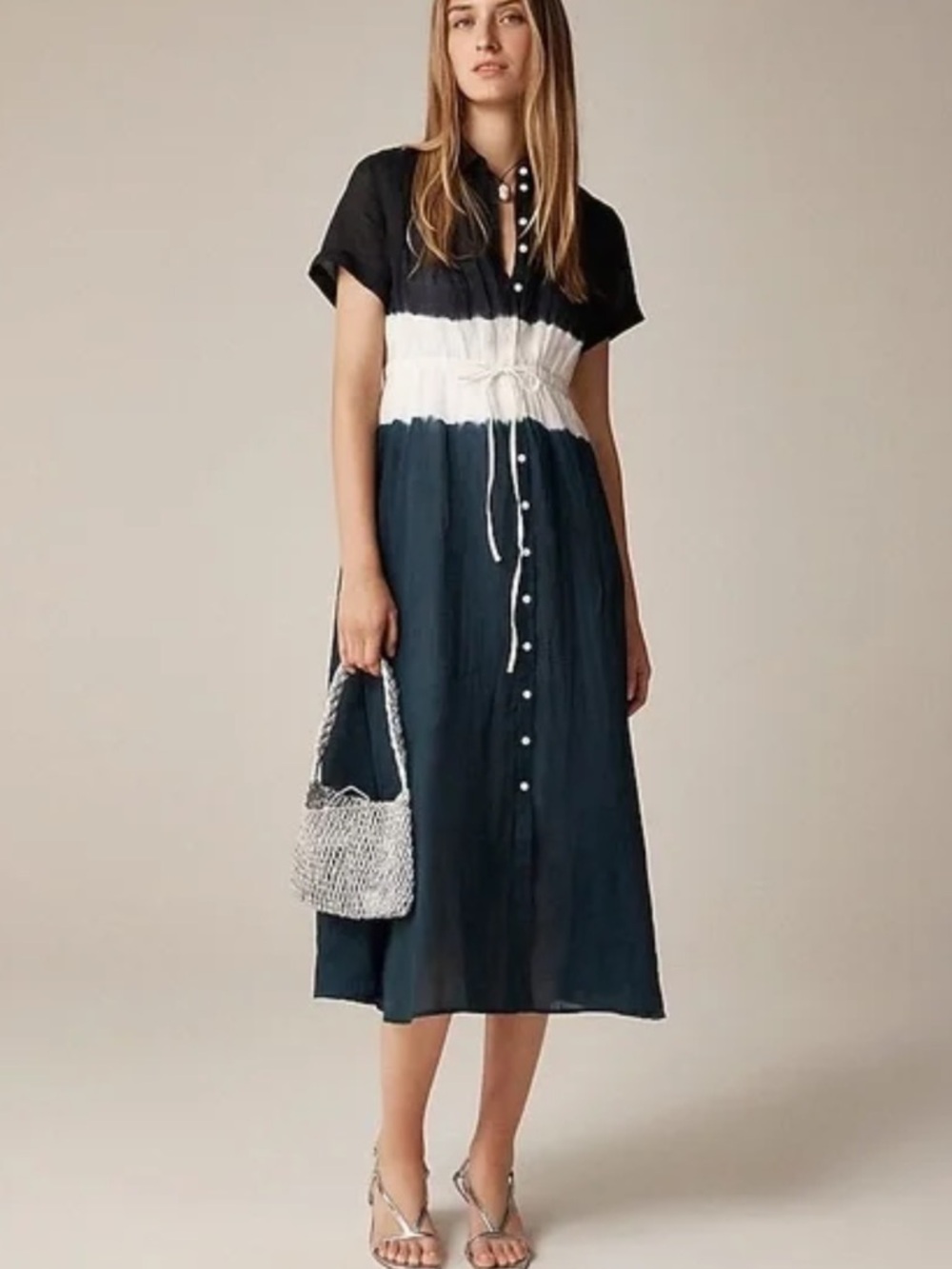 J.CREW Cerise Shirtdress Dip Dye Ramie Navy White Ombré Button-Front Midi 8 NWT